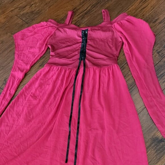 Renaissance Faire Gothic Vampire Red Dress Off-Shoulder Lace-up Dramatic Sleeves - Picture 3 of 15